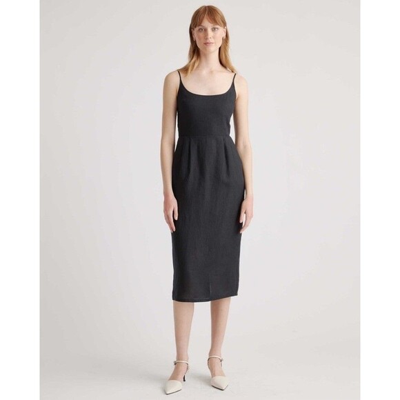 Quince 100% European Linen Scoop Neck Midi Dress Large L Black Basic Pockets - Picture 1 of 16